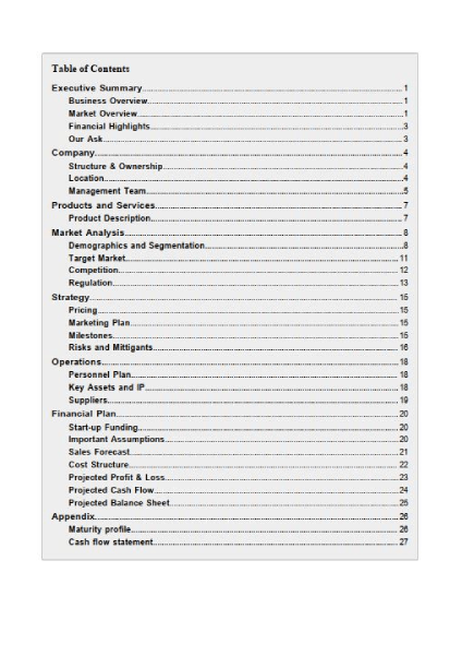 business plan template bakery content table