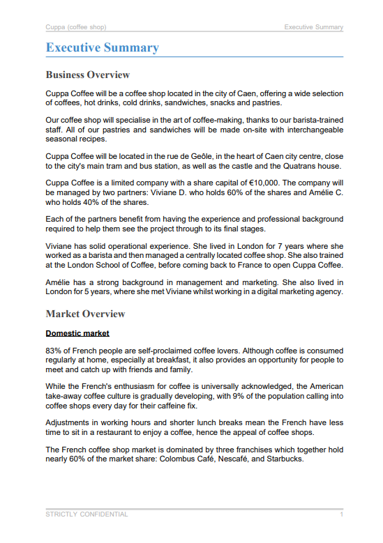 coffee shop business plan summary