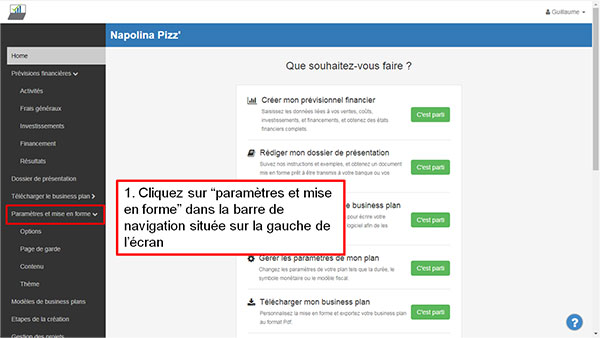 modifier le contenu du business plan - étape 1