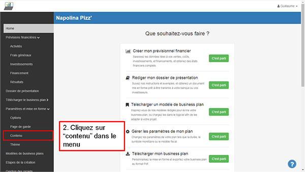 modifier le contenu du business plan - étape 2