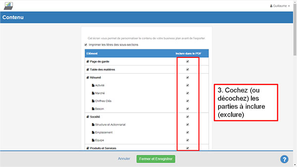 modifier le contenu du business plan - étape 3