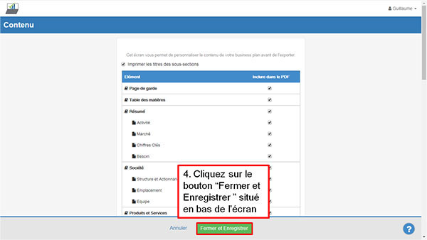 modifier le contenu du business plan - étape 4