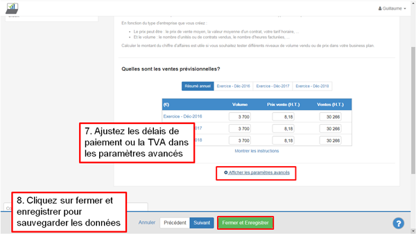 Saisir le prévisionnel de ventes - étapes 7和8