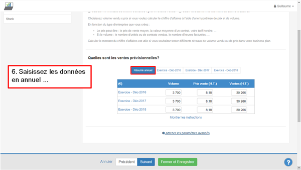 Saisir le prévisionnel de ventes - étape 6