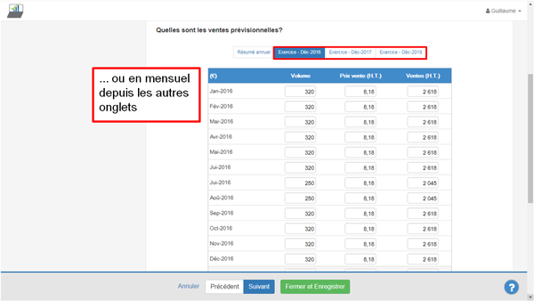 Saisir le prévisionnel de ventes - étape 6 bis