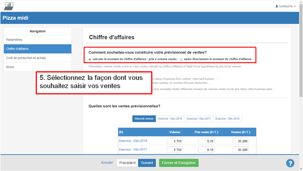 Saisir le prévisionnel de ventes - étape 5