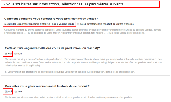 acréer une activité pour la vente de marchandises - étape stocks