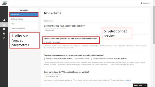 créer une activité pour la vente de services - étapes 5 et 6