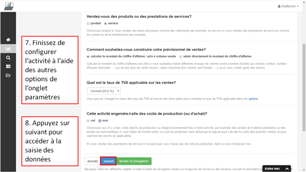 acréer une activité pour la vente de services - étapes 7 et 8