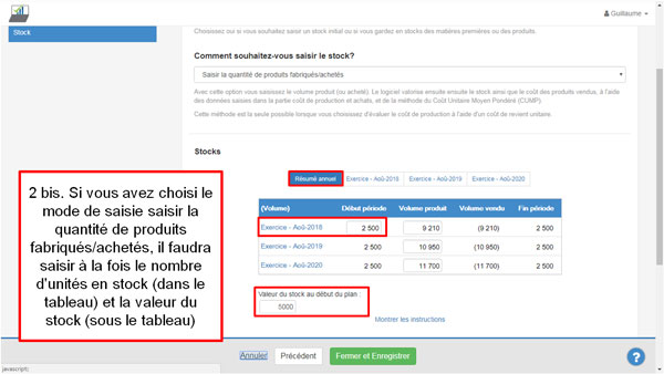 saisie stock initial dans 德赢尤文图斯The Business Plan Shop - étape 2 bis