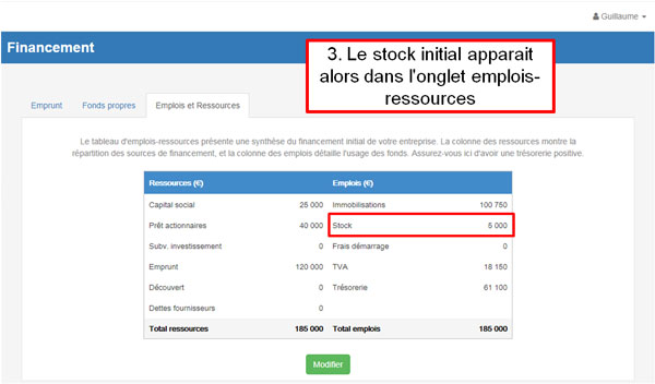 Stock initial employment - resources - étape
